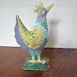 Primitive Metal Chicken Folk Art Purple Yellow Green 7 Inches